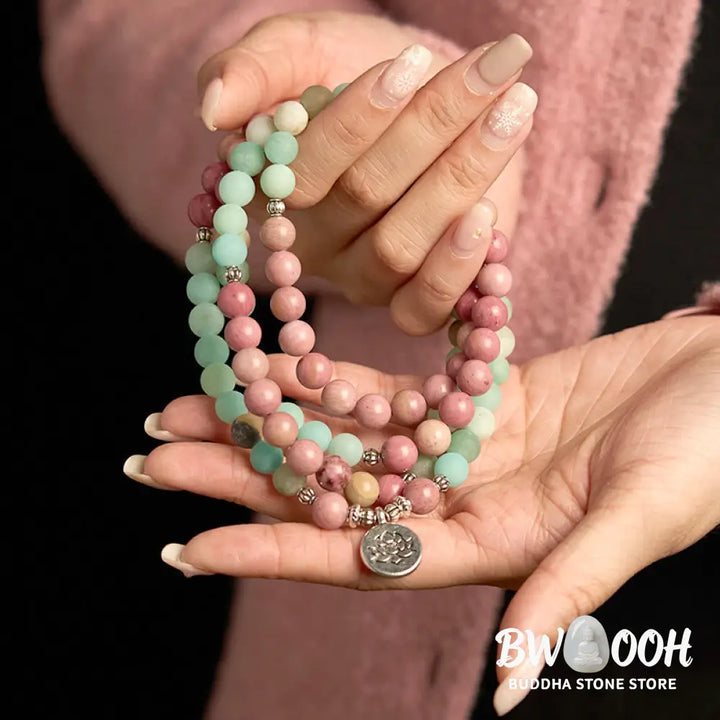 BWOOOH 108 Mala: Rhodonite &amp; Amazonite 8mm beads, with an alloy Lotus pendant. A healing bracelet for meditation, promoting calm &amp; spiritual balance. - View 4