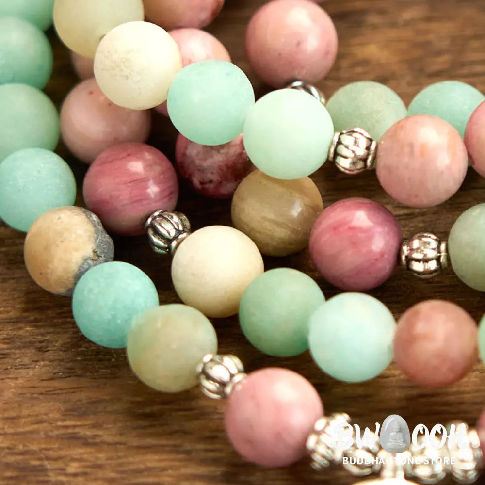 BWOOOH 108 Mala: Rhodonite &amp; Amazonite 8mm beads, with an alloy Lotus pendant. A healing bracelet for meditation, promoting calm &amp; spiritual balance. - View 7