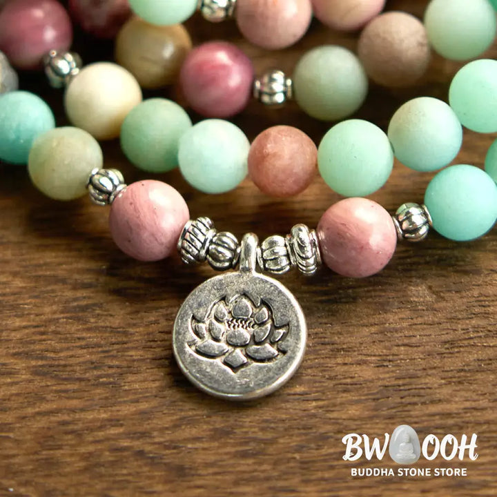 BWOOOH 108 Mala: Rhodonite &amp; Amazonite 8mm beads, with an alloy Lotus pendant. A healing bracelet for meditation, promoting calm &amp; spiritual balance. - View 6