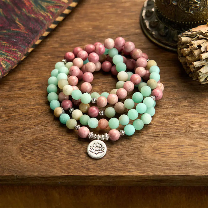 BWOOOH 108 Mala: Rhodonite &amp; Amazonite 8mm beads, with an alloy Lotus pendant. A healing bracelet for meditation, promoting calm &amp; spiritual balance.