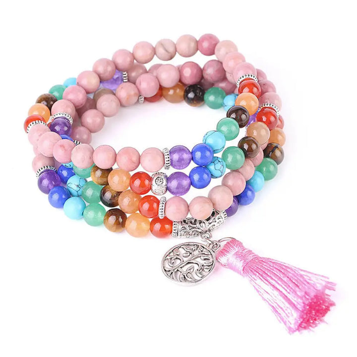 BWOOOH 108 Mala beads bracelet featuring 6mm Rhodonite, Blue Crystal, and Lazulite. Handcrafted spiritual meditation accessory designed for healing, balance, and positive energy in daily wear. Unisex 75cm length.