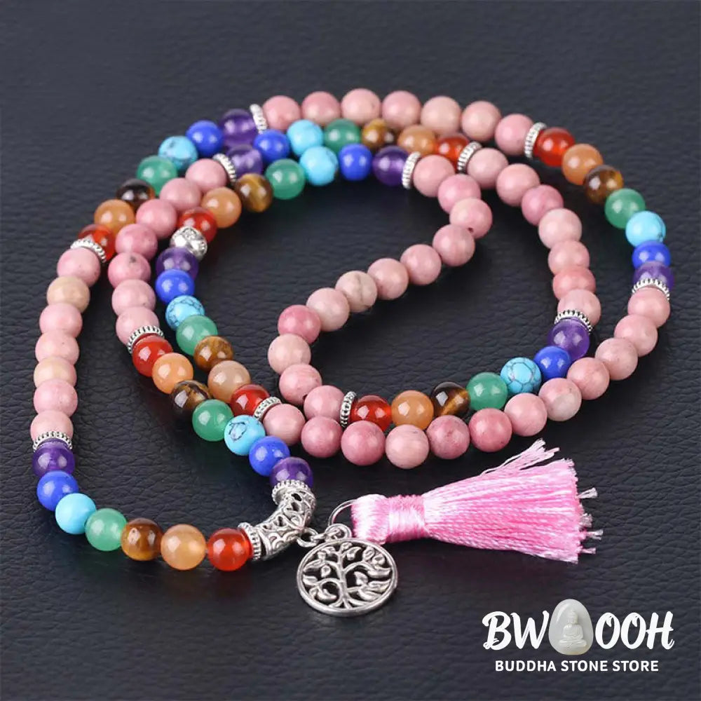 BWOOOH 108 Mala beads bracelet featuring 6mm Rhodonite, Blue Crystal, and Lazulite. Handcrafted spiritual meditation accessory designed for healing, balance, and positive energy in daily wear. Unisex 75cm length. - View 4