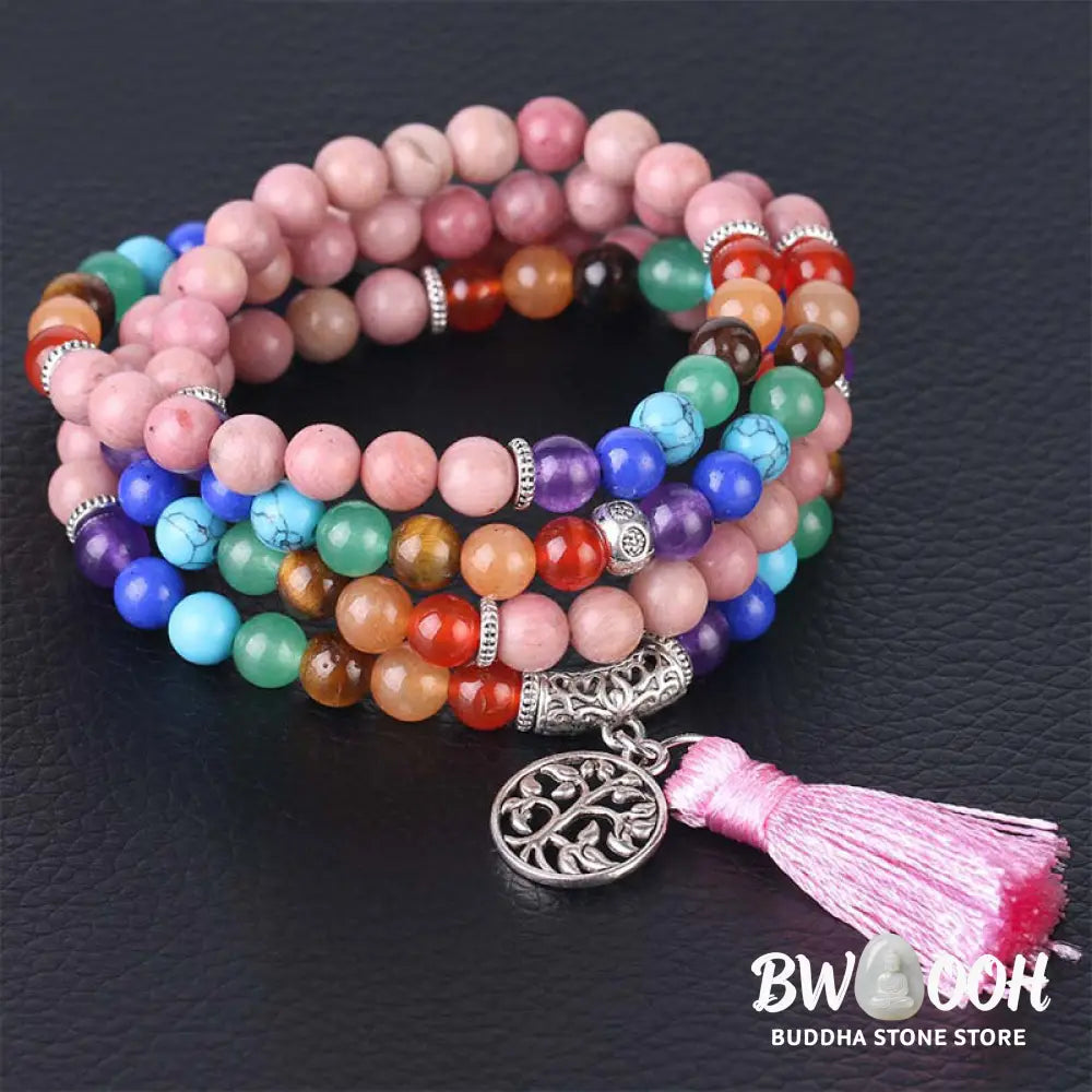 BWOOOH 108 Mala beads bracelet featuring 6mm Rhodonite, Blue Crystal, and Lazulite. Handcrafted spiritual meditation accessory designed for healing, balance, and positive energy in daily wear. Unisex 75cm length. - View 2