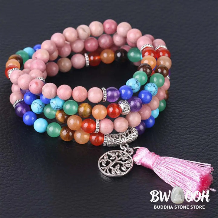 BWOOOH 108 Mala beads bracelet featuring 6mm Rhodonite, Blue Crystal, and Lazulite. Handcrafted spiritual meditation accessory designed for healing, balance, and positive energy in daily wear. Unisex 75cm length. - View 2