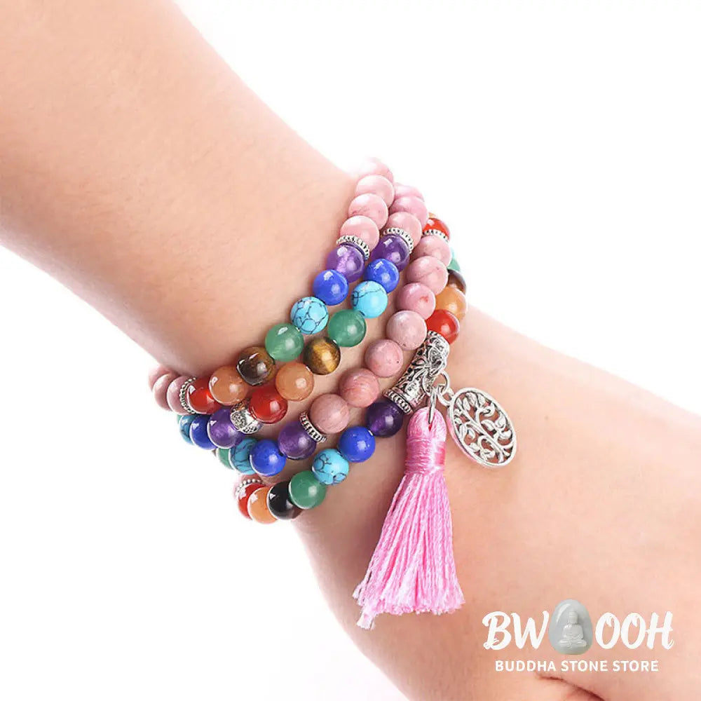BWOOOH 108 Mala beads bracelet featuring 6mm Rhodonite, Blue Crystal, and Lazulite. Handcrafted spiritual meditation accessory designed for healing, balance, and positive energy in daily wear. Unisex 75cm length. - View 3