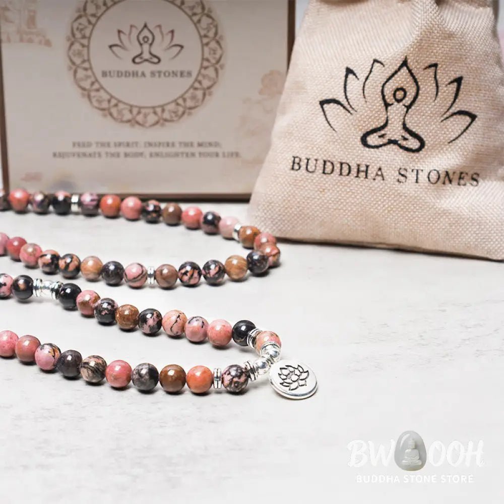 BWOOOH 108 Rhodonite Mala Beads with an intricate Lotus symbol charm, showcasing the deep pink hues of the 8mm compassion energy stones and premium elastic band for a 15-19cm wrist. - View 5
