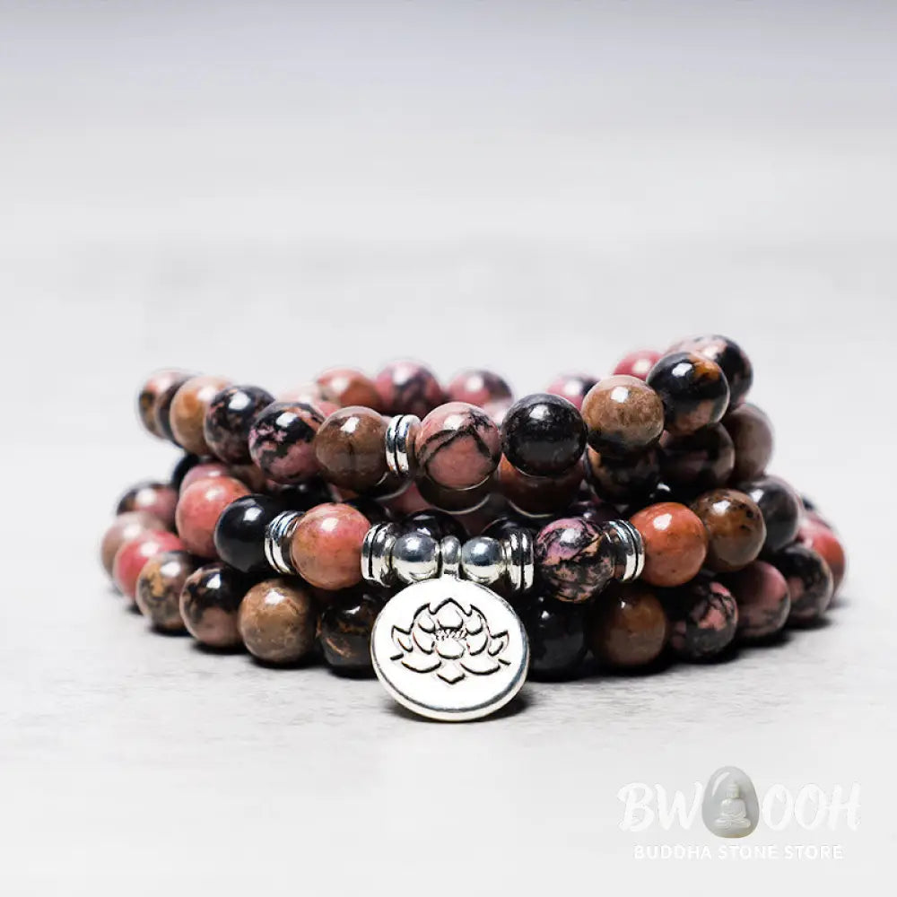 BWOOOH 108 Rhodonite Mala Beads with an intricate Lotus symbol charm, showcasing the deep pink hues of the 8mm compassion energy stones and premium elastic band for a 15-19cm wrist. - View 2