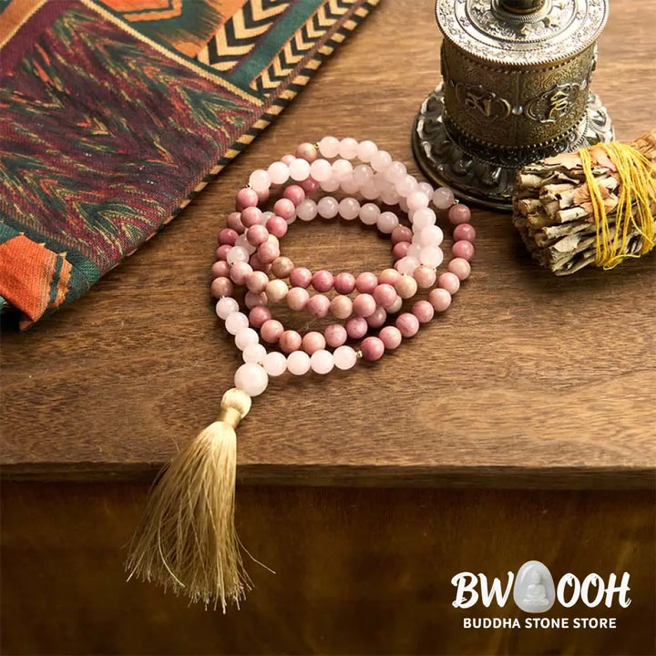 BWOOOH 108 Mala Beads bracelet, 8mm natural Rhodonite and Rose Quartz with pink tassel, promoting emotional balance, self-love, and inner peace for meditation. - View 8