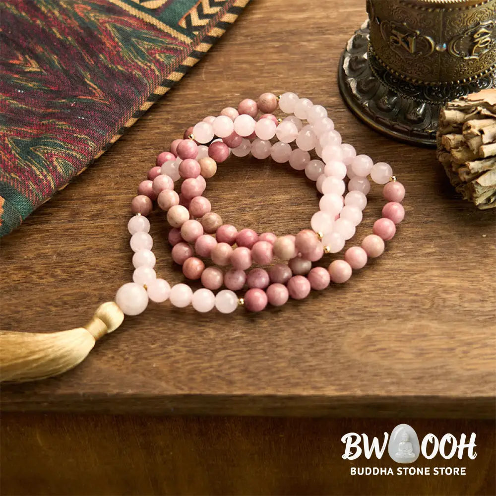 BWOOOH 108 Mala Beads bracelet, 8mm natural Rhodonite and Rose Quartz with pink tassel, promoting emotional balance, self-love, and inner peace for meditation. - View 7