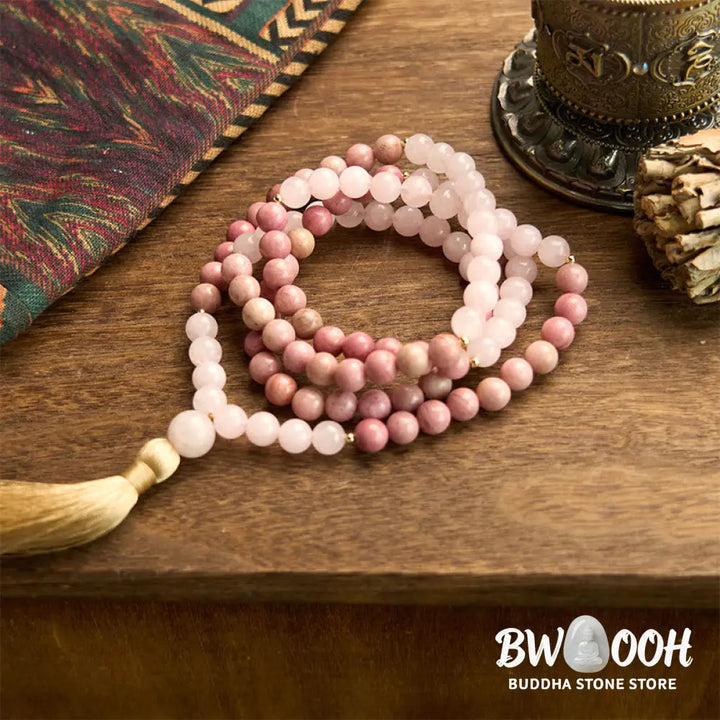 BWOOOH 108 Mala Beads bracelet, 8mm natural Rhodonite and Rose Quartz with pink tassel, promoting emotional balance, self-love, and inner peace for meditation. - View 7