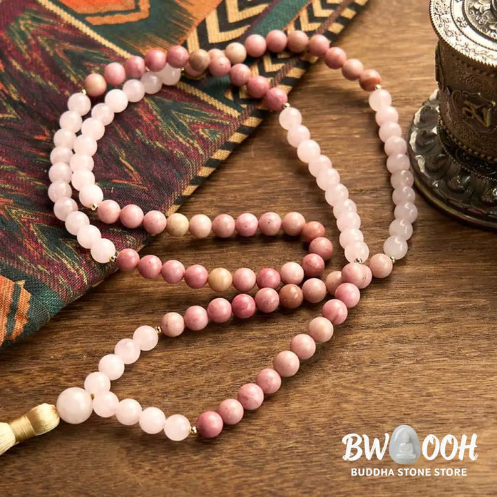 BWOOOH 108 Mala Beads bracelet, 8mm natural Rhodonite and Rose Quartz with pink tassel, promoting emotional balance, self-love, and inner peace for meditation. - View 5