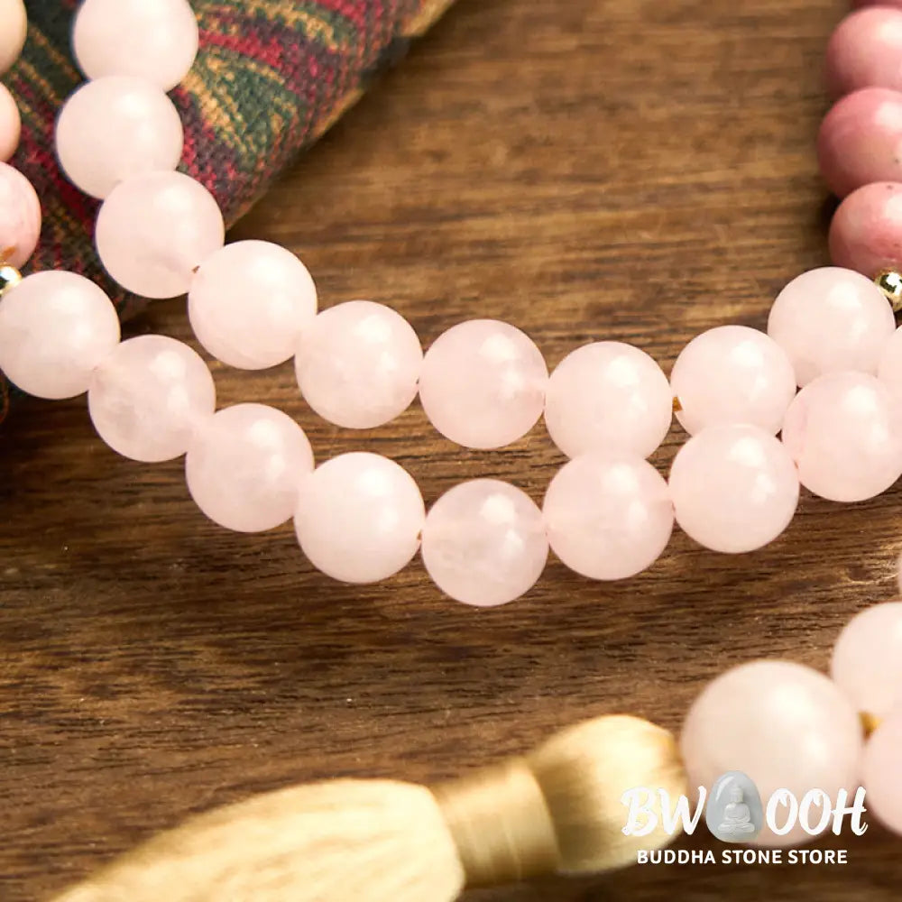 BWOOOH 108 Mala Beads bracelet, 8mm natural Rhodonite and Rose Quartz with pink tassel, promoting emotional balance, self-love, and inner peace for meditation. - View 11