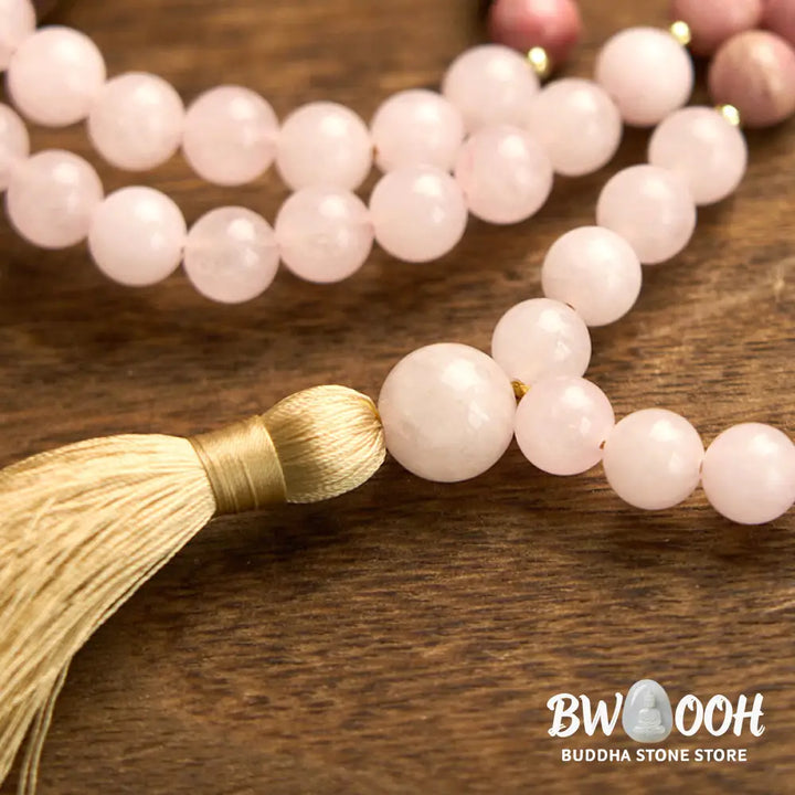 BWOOOH 108 Mala Beads bracelet, 8mm natural Rhodonite and Rose Quartz with pink tassel, promoting emotional balance, self-love, and inner peace for meditation. - View 10