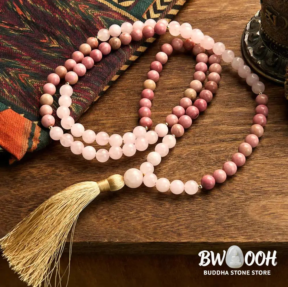 BWOOOH 108 Mala Beads bracelet, 8mm natural Rhodonite and Rose Quartz with pink tassel, promoting emotional balance, self-love, and inner peace for meditation. - View 2