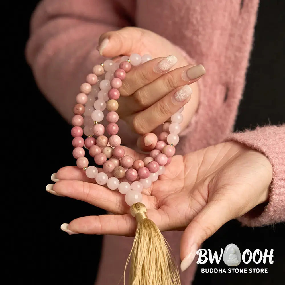 BWOOOH 108 Mala Beads bracelet, 8mm natural Rhodonite and Rose Quartz with pink tassel, promoting emotional balance, self-love, and inner peace for meditation. - View 4