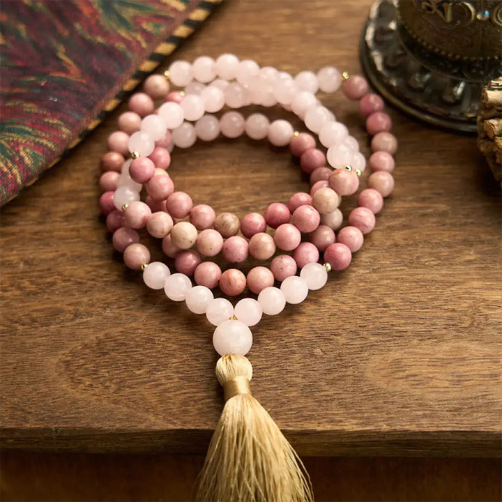 BWOOOH 108 Mala Beads bracelet, 8mm natural Rhodonite and Rose Quartz with pink tassel, promoting emotional balance, self-love, and inner peace for meditation.