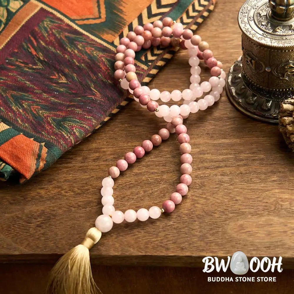BWOOOH 108 Mala Beads bracelet, 8mm natural Rhodonite and Rose Quartz with pink tassel, promoting emotional balance, self-love, and inner peace for meditation. - View 9