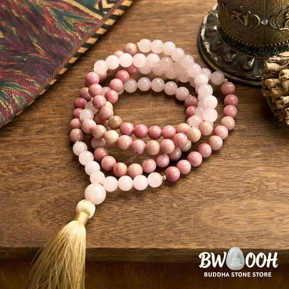 BWOOOH 108 Mala Beads bracelet, 8mm natural Rhodonite and Rose Quartz with pink tassel, promoting emotional balance, self-love, and inner peace for meditation. - View 6