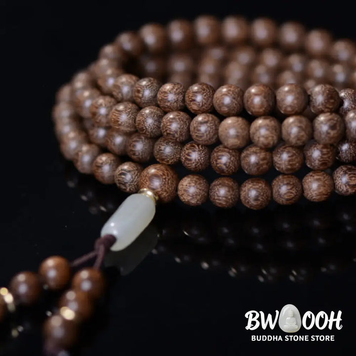 BWOOOH 108 Mala Beads Rosewood Jade Calm Bracelet; handmade, deep reddish-brown rosewood and vibrant green jade beads on elastic string for meditation, focus, spiritual balance, and prosperity. - View 7