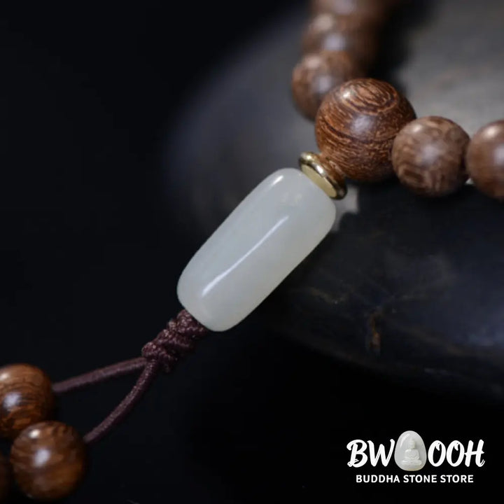 BWOOOH 108 Mala Beads Rosewood Jade Calm Bracelet; handmade, deep reddish-brown rosewood and vibrant green jade beads on elastic string for meditation, focus, spiritual balance, and prosperity. - View 12