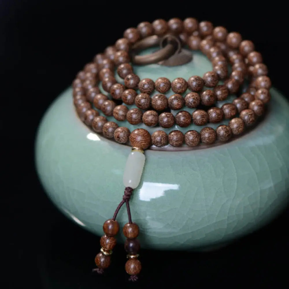BWOOOH 108 Mala Beads Rosewood Jade Calm Bracelet; handmade, deep reddish-brown rosewood and vibrant green jade beads on elastic string for meditation, focus, spiritual balance, and prosperity.