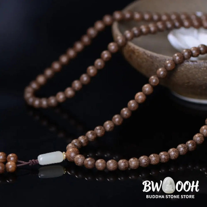 BWOOOH 108 Mala Beads Rosewood Jade Calm Bracelet; handmade, deep reddish-brown rosewood and vibrant green jade beads on elastic string for meditation, focus, spiritual balance, and prosperity. - View 3