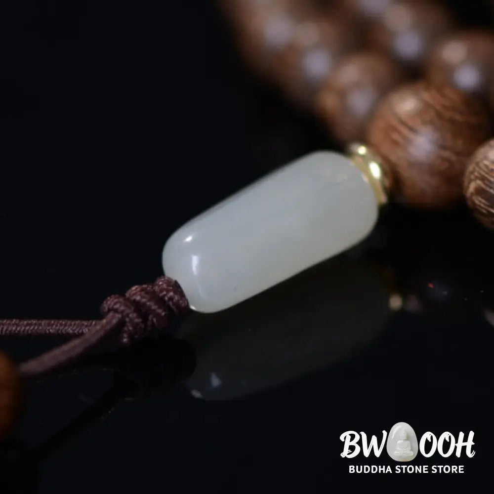 BWOOOH 108 Mala Beads Rosewood Jade Calm Bracelet; handmade, deep reddish-brown rosewood and vibrant green jade beads on elastic string for meditation, focus, spiritual balance, and prosperity. - View 11