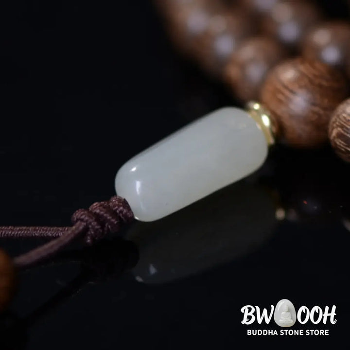 BWOOOH 108 Mala Beads Rosewood Jade Calm Bracelet; handmade, deep reddish-brown rosewood and vibrant green jade beads on elastic string for meditation, focus, spiritual balance, and prosperity. - View 11
