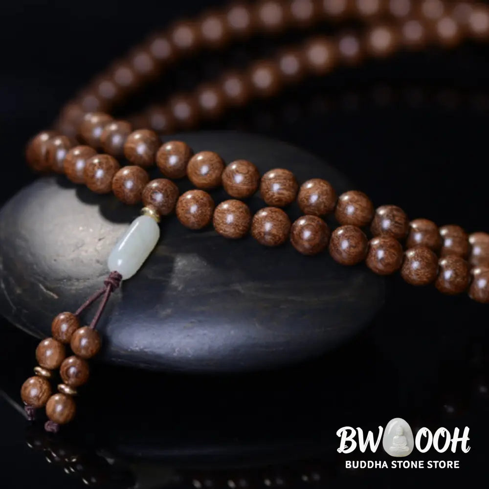 BWOOOH 108 Mala Beads Rosewood Jade Calm Bracelet; handmade, deep reddish-brown rosewood and vibrant green jade beads on elastic string for meditation, focus, spiritual balance, and prosperity. - View 10