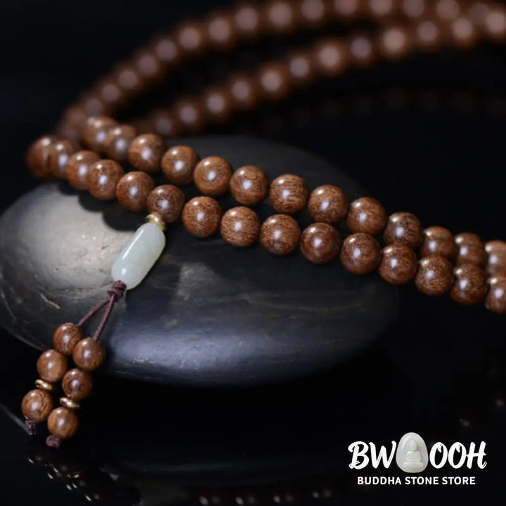 BWOOOH 108 Mala Beads Rosewood Jade Calm Bracelet; handmade, deep reddish-brown rosewood and vibrant green jade beads on elastic string for meditation, focus, spiritual balance, and prosperity. - View 10