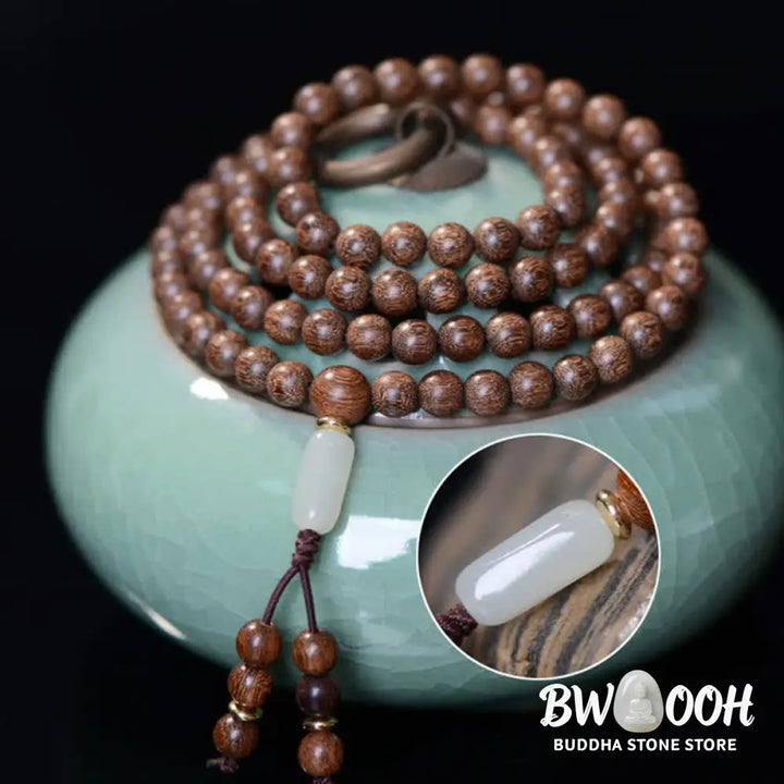 BWOOOH 108 Mala Beads Rosewood Jade Calm Bracelet; handmade, deep reddish-brown rosewood and vibrant green jade beads on elastic string for meditation, focus, spiritual balance, and prosperity. - View 14