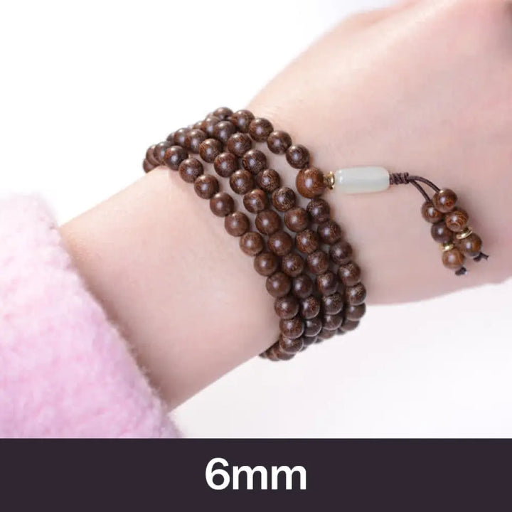 BWOOOH 108 Mala Beads Rosewood Jade Calm Bracelet; handmade, deep reddish-brown rosewood and vibrant green jade beads on elastic string for meditation, focus, spiritual balance, and prosperity. - View 4