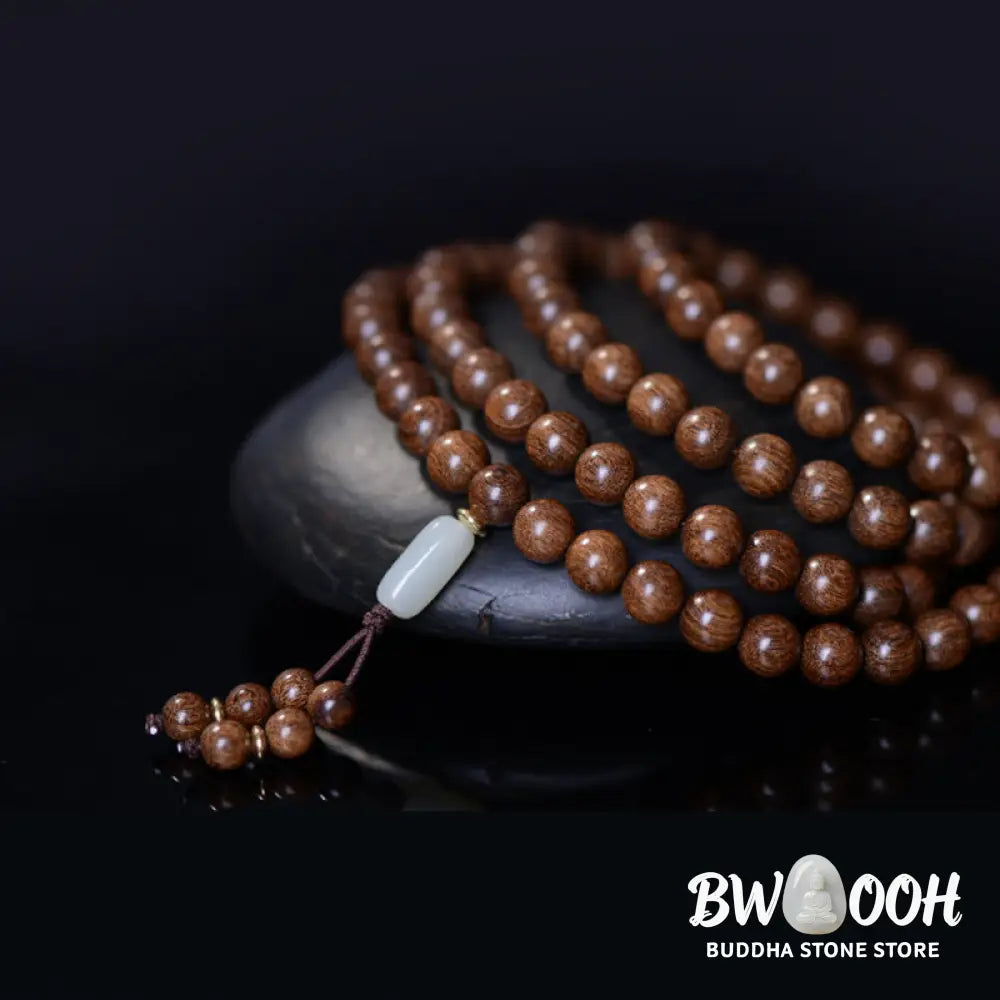 BWOOOH 108 Mala Beads Rosewood Jade Calm Bracelet; handmade, deep reddish-brown rosewood and vibrant green jade beads on elastic string for meditation, focus, spiritual balance, and prosperity. - View 6