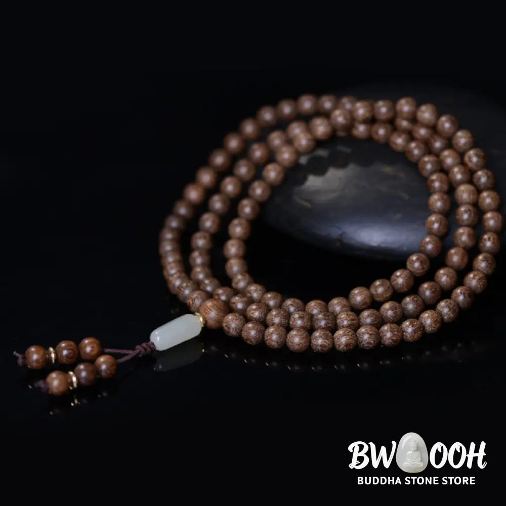 BWOOOH 108 Mala Beads Rosewood Jade Calm Bracelet; handmade, deep reddish-brown rosewood and vibrant green jade beads on elastic string for meditation, focus, spiritual balance, and prosperity. - View 2