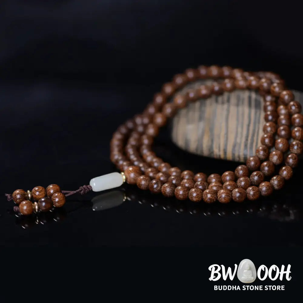 BWOOOH 108 Mala Beads Rosewood Jade Calm Bracelet; handmade, deep reddish-brown rosewood and vibrant green jade beads on elastic string for meditation, focus, spiritual balance, and prosperity. - View 8
