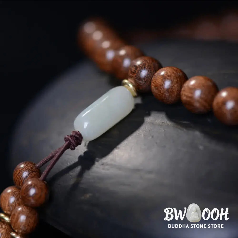 BWOOOH 108 Mala Beads Rosewood Jade Calm Bracelet; handmade, deep reddish-brown rosewood and vibrant green jade beads on elastic string for meditation, focus, spiritual balance, and prosperity. - View 13
