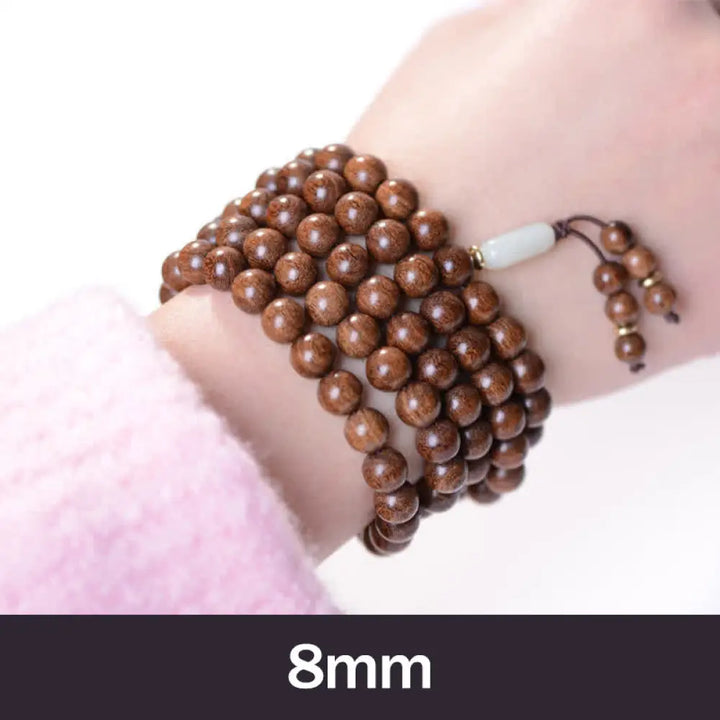 BWOOOH 108 Mala Beads Rosewood Jade Calm Bracelet; handmade, deep reddish-brown rosewood and vibrant green jade beads on elastic string for meditation, focus, spiritual balance, and prosperity. - View 5