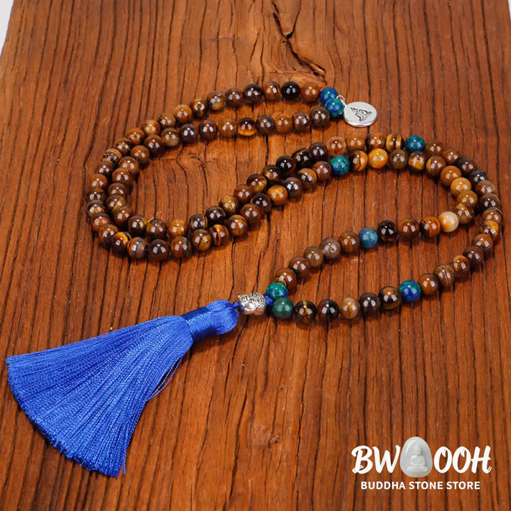 BWOOOH 108 Mala Beads Tiger Eye bracelet and tassel necklace, featuring natural Tiger Eye gemstones, a Buddha symbol for strength and serenity, ideal for meditation and spiritual focus. - View 6