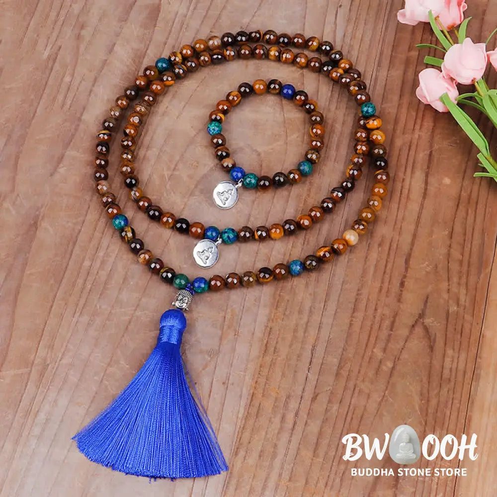 BWOOOH 108 Mala Beads Tiger Eye bracelet and tassel necklace, featuring natural Tiger Eye gemstones, a Buddha symbol for strength and serenity, ideal for meditation and spiritual focus. - View 7