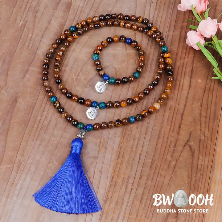 BWOOOH 108 Mala Beads Tiger Eye bracelet and tassel necklace, featuring natural Tiger Eye gemstones, a Buddha symbol for strength and serenity, ideal for meditation and spiritual focus. - View 7