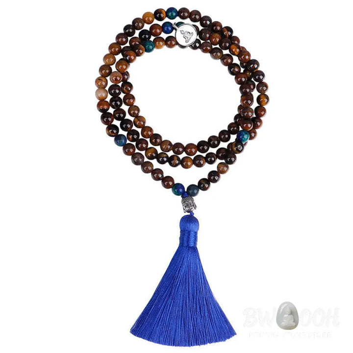 BWOOOH 108 Mala Beads Tiger Eye bracelet and tassel necklace, featuring natural Tiger Eye gemstones, a Buddha symbol for strength and serenity, ideal for meditation and spiritual focus. - View 9