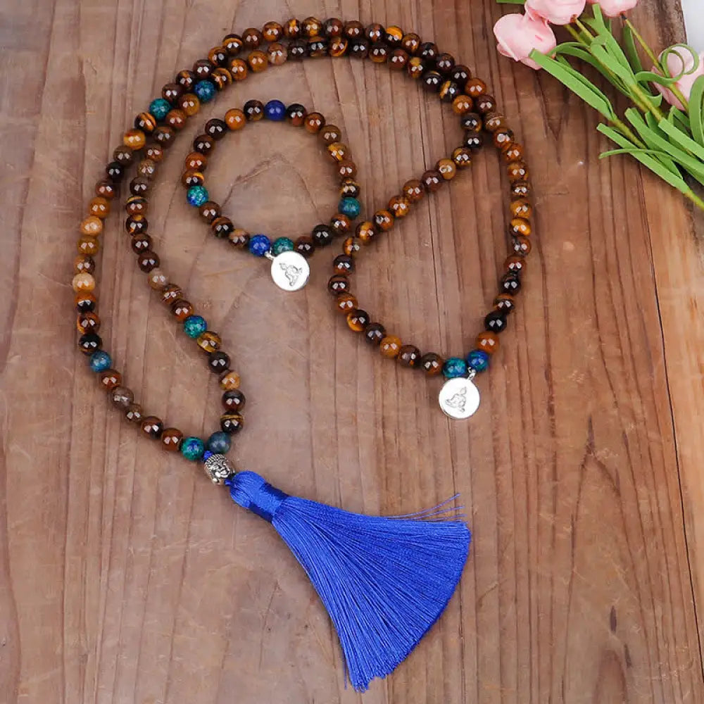 BWOOOH 108 Mala Beads Tiger Eye bracelet and tassel necklace, featuring natural Tiger Eye gemstones, a Buddha symbol for strength and serenity, ideal for meditation and spiritual focus.