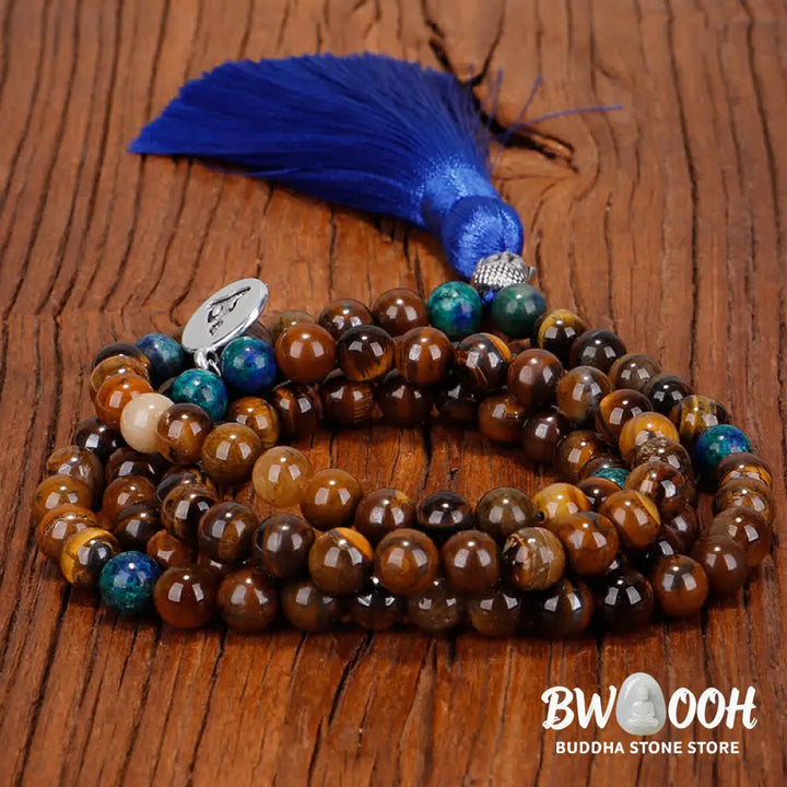 BWOOOH 108 Mala Beads Tiger Eye bracelet and tassel necklace, featuring natural Tiger Eye gemstones, a Buddha symbol for strength and serenity, ideal for meditation and spiritual focus. - View 8
