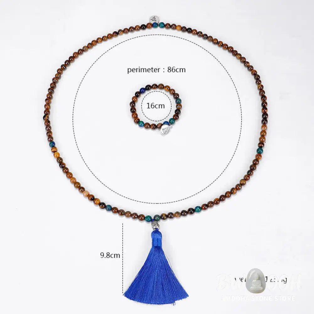 BWOOOH 108 Mala Beads Tiger Eye bracelet and tassel necklace, featuring natural Tiger Eye gemstones, a Buddha symbol for strength and serenity, ideal for meditation and spiritual focus. - View 10