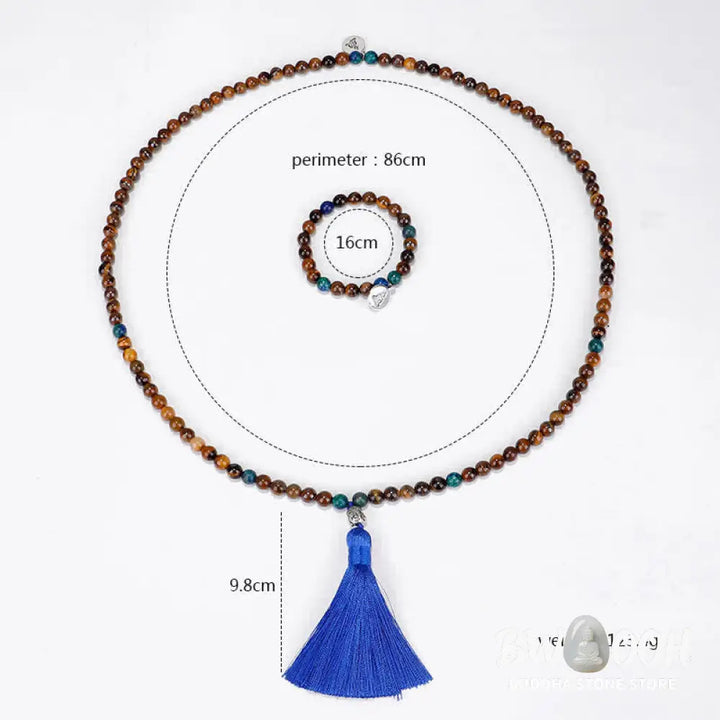 BWOOOH 108 Mala Beads Tiger Eye bracelet and tassel necklace, featuring natural Tiger Eye gemstones, a Buddha symbol for strength and serenity, ideal for meditation and spiritual focus. - View 10