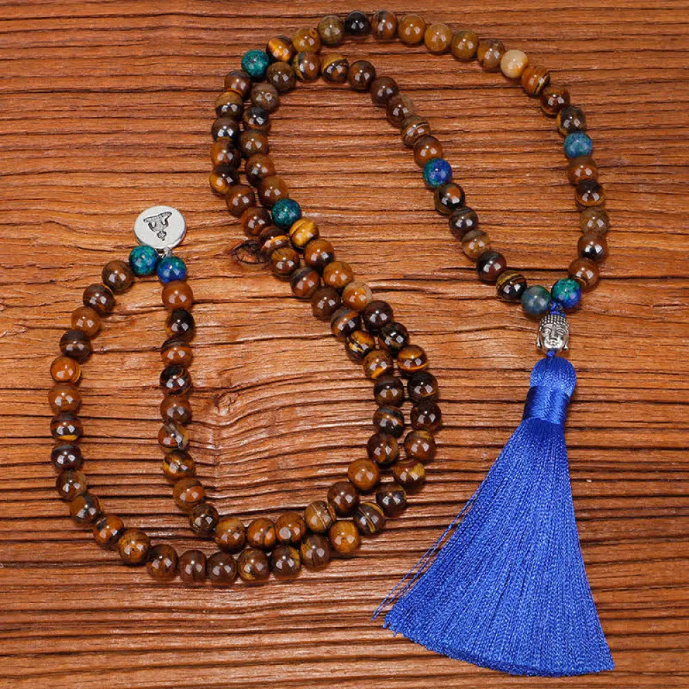 BWOOOH 108 Mala Beads Tiger Eye bracelet and tassel necklace, featuring natural Tiger Eye gemstones, a Buddha symbol for strength and serenity, ideal for meditation and spiritual focus. - View 5