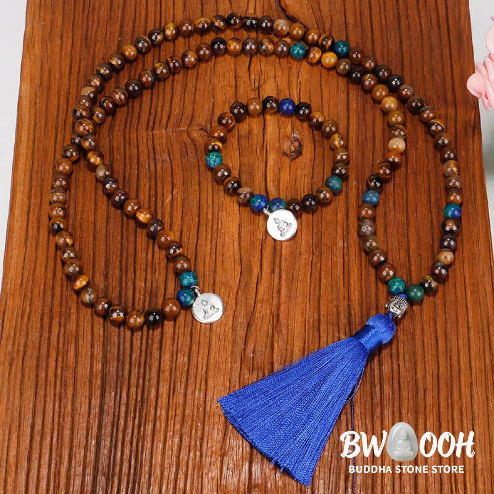 BWOOOH 108 Mala Beads Tiger Eye bracelet and tassel necklace, featuring natural Tiger Eye gemstones, a Buddha symbol for strength and serenity, ideal for meditation and spiritual focus. - View 2