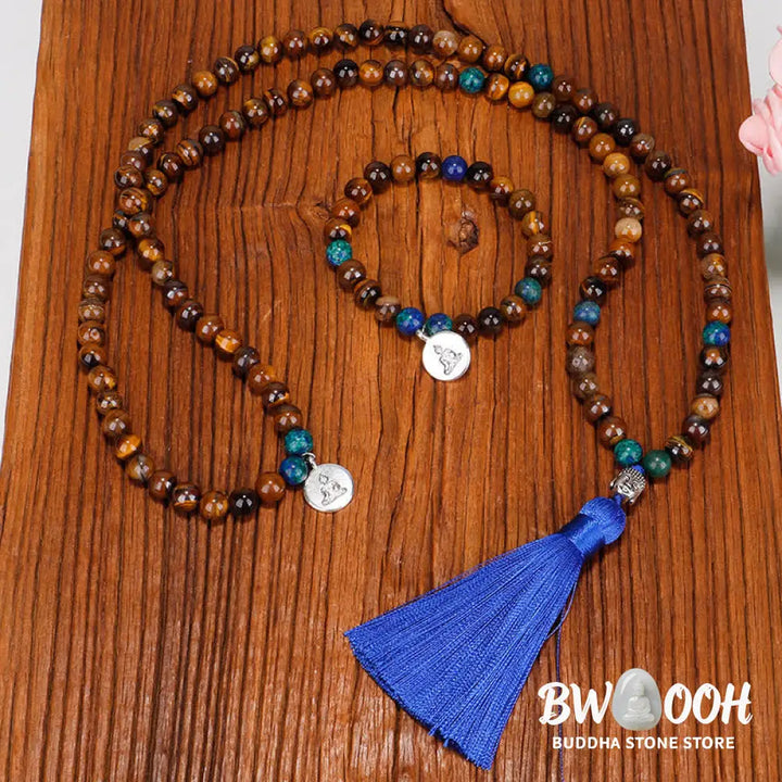 BWOOOH 108 Mala Beads Tiger Eye bracelet and tassel necklace, featuring natural Tiger Eye gemstones, a Buddha symbol for strength and serenity, ideal for meditation and spiritual focus. - View 2