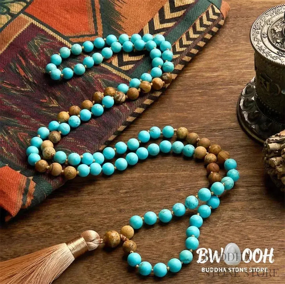 BWOOOH 108-bead mala bracelet featuring polished 8mm turquoise and picture jasper beads, a soft tassel, handcrafted for meditation, spiritual balance, and positive energy practices. - View 2