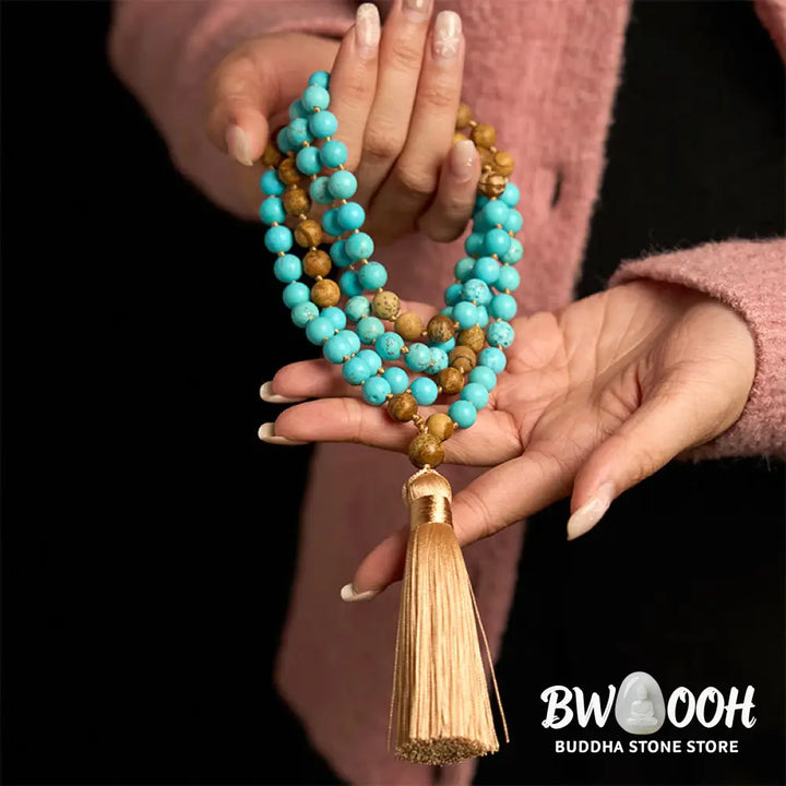 BWOOOH 108-bead mala bracelet featuring polished 8mm turquoise and picture jasper beads, a soft tassel, handcrafted for meditation, spiritual balance, and positive energy practices. - View 3